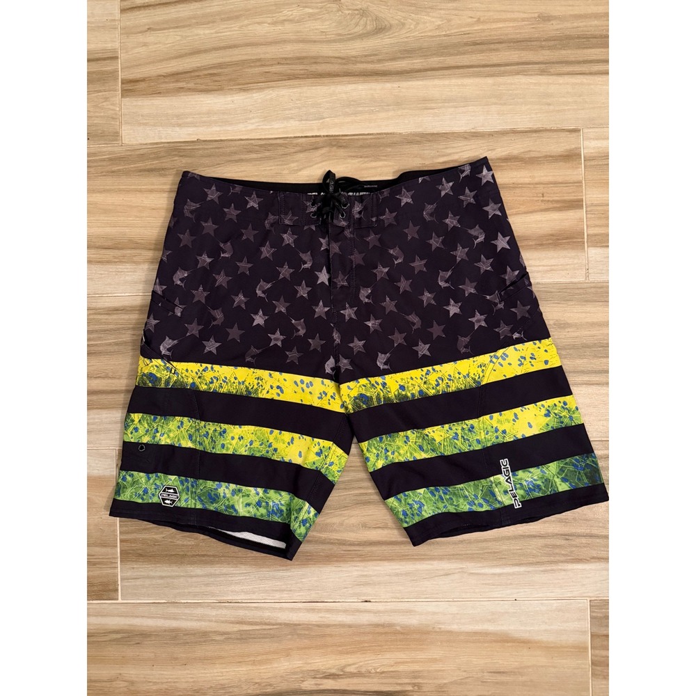 Pelagic Sharkskin Boardshorts Mens 38 Black Stars Stripes Fishing Swim Trunks